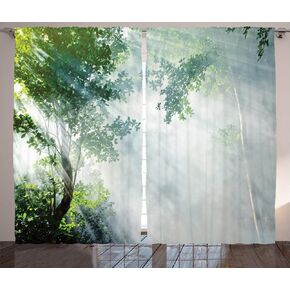 Ambesonne Rainforest Curtains, Sunbeam Between Shadows of Trees Idyllic Scenery of Solitude in Jungle Theme, Living Room Bedroom Window Drapes 2 Panel Set, 108" X 84", Green Bluegrey