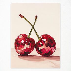 XMJJQQ Trendy Disco Ball Print Poster, Funky Disco Cherries Art Canvas, Red Cherries Picture, Fruit Wall Art, Party Theme Bar Cart Wall Art, Dorm Apartment Wall Decor 12x16in Unframed