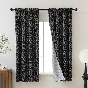 Black Curtains for Bedroom Living Room Farmhouse, Curtains 63 Inch Length, Back Tab Curtains with Line Pattern for Windows (42W x 63L Inch, Black & White, 2 Panels)