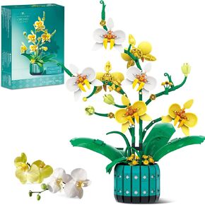 Orchid Flowers Building Set for Adults, 986PCS Yellow & White Plant Bonsai Kit with Vase, Artificial Bouquet Toy for Kids Women Her, Botanical Collection Home Decor Gift for Valentine's Day, Birthday