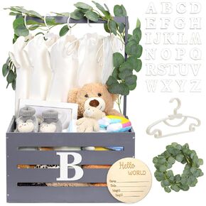 Wooden Baby Shower Crate Closet, Baby Basket with Handle Baby Announcement Sign Garland Baby Hangers Large Letter, Wooden Gift Crate, Letters Self Adhesive for Pregnancy New Parent (Brown)