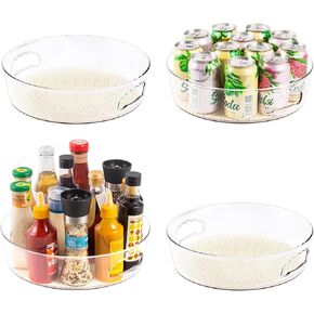 4 Pack Lazy Susan Organizer for Cabinet with Handle, 12“ inch Clear Spinning Storage Lazy Susan Turntable for Pantry, Kitchen Sink, Fridge, Bathroom, Countertop, Non-Skid Liners Included, Round