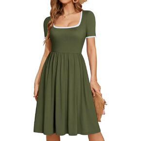 YATHON Cute Summer Dresses for Women Flowy Casual Short Sleeve Color Block A Line Fit and Flare Sundress with Pockets