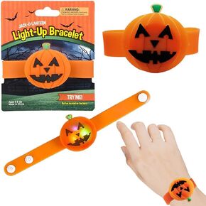 Halloween Light-Up Jack-O-Lantern Bracelets, Snap-On Halloween Decorative Wrists Lights, Spooky Orange Pumpkin, 8.5" Bracelet (3-Pack)