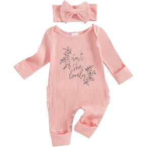 FIOMVA Im New Here Newborn Outfit Girl Long Sleeve Letter Romper Ribbed Knit Jumpsuit Baby Girl Preemie Coming Home Outfit
