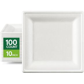 FOCUSLINE 100% Compostable Plates 10 Inch Paper Plates, 100 Pack Heavy Duty Disposable Plates Square large 10" Dinner Plates- Natural Biodegradable Bagasse Eco-Friendly Sugarcane Plates