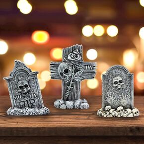 Haunted Skull Graveyard Miniature Set -3 Piece Halloween Decoration Collectible Figurines for Home Décor Accents and Spooky Displays (B)