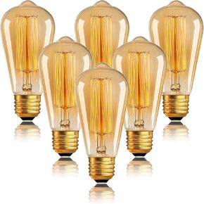 Edison Bulb 40W 120V, ST64 Vintage Incandescent Edison Bulb E26/E27 Base 2200K Amber Warm Yellow Dimmable, Retro Lamp Glass, 6 Pack, Suitable for Outdoor and Indoor