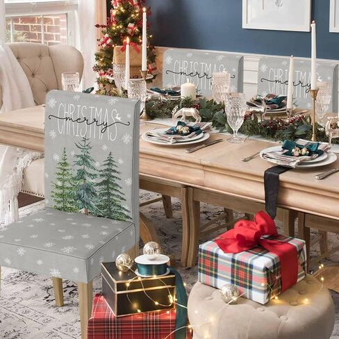 Horaldaily 4PCS Christmas Dining Chair Covers,Grey Christmas Pine Trees Stretch Removable Washable Slipcover Chair Protector for Dining Room Home Decor in Saudi Arabia
