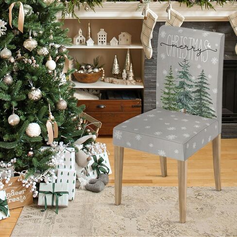 Horaldaily 4PCS Christmas Dining Chair Covers,Grey Christmas Pine Trees Stretch Removable Washable Slipcover Chair Protector for Dining Room Home Decor in Saudi Arabia