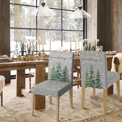 Horaldaily 4PCS Christmas Dining Chair Covers,Grey Christmas Pine Trees Stretch Removable Washable Slipcover Chair Protector for Dining Room Home Decor in Saudi Arabia