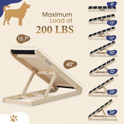 Wooden Adjustable Pet Ramp for All Dogs and Cats - Non Slip Carpet Surface and Foot Pads - 40" Long and Adjustable from 12" to 24" - Up to 200LBS - Folding Dog Car Ramps for SUV, Bed, Couch in Kuwait