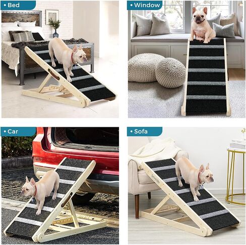 Wooden Adjustable Pet Ramp for All Dogs and Cats - Non Slip Carpet Surface and Foot Pads - 40" Long and Adjustable from 12" to 24" - Up to 200LBS - Folding Dog Car Ramps for SUV, Bed, Couch in Kuwait