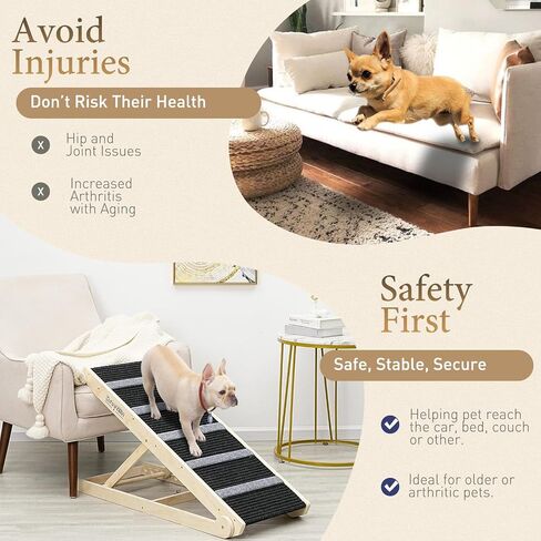 Wooden Adjustable Pet Ramp for All Dogs and Cats - Non Slip Carpet Surface and Foot Pads - 40" Long and Adjustable from 12" to 24" - Up to 200LBS - Folding Dog Car Ramps for SUV, Bed, Couch in Kuwait