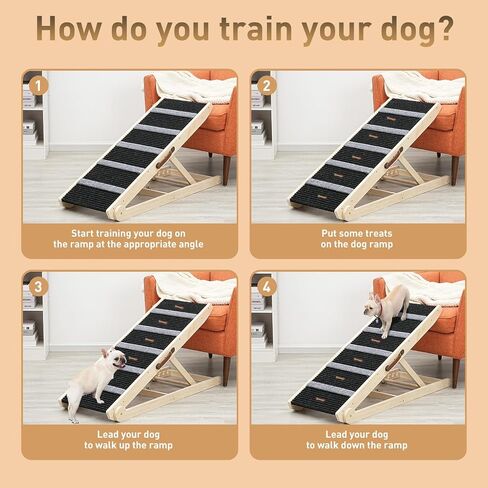 Wooden Adjustable Pet Ramp for All Dogs and Cats - Non Slip Carpet Surface and Foot Pads - 40" Long and Adjustable from 12" to 24" - Up to 200LBS - Folding Dog Car Ramps for SUV, Bed, Couch in Kuwait