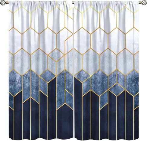 Geometric Marble Curtains, Navy Blue Gold Abstract Geometry Hexagon Pattern Texture Window Treatments for Bedroom Living Room Set 2 Panels,42x45 Inches in Kuwait