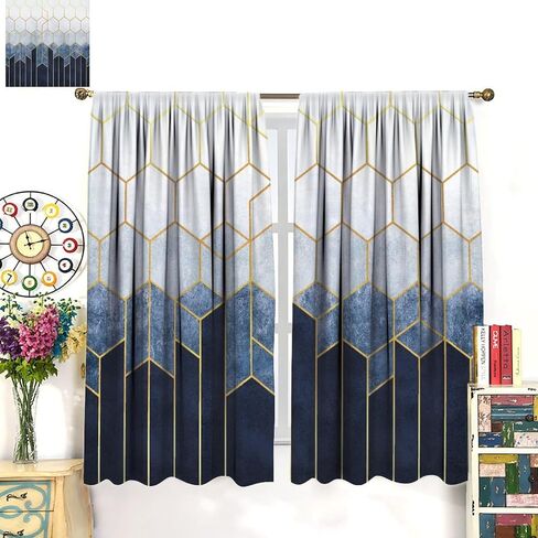 Geometric Marble Curtains, Navy Blue Gold Abstract Geometry Hexagon Pattern Texture Window Treatments for Bedroom Living Room Set 2 Panels,42x45 Inches in Kuwait