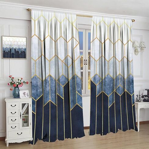 Geometric Marble Curtains, Navy Blue Gold Abstract Geometry Hexagon Pattern Texture Window Treatments for Bedroom Living Room Set 2 Panels,42x45 Inches in Kuwait