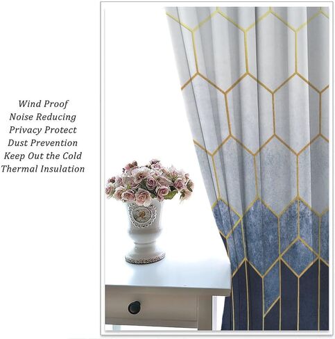 Geometric Marble Curtains, Navy Blue Gold Abstract Geometry Hexagon Pattern Texture Window Treatments for Bedroom Living Room Set 2 Panels,42x45 Inches in Kuwait