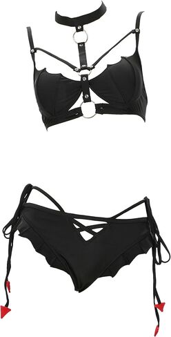 MEOWCOS المرأة بيكيني مجموعات القوطية ثوب السباحة الظلام الخفافيش الرسن الرقبة الصدر انقطاع قطعتين ملابس السباحة in Kuwait