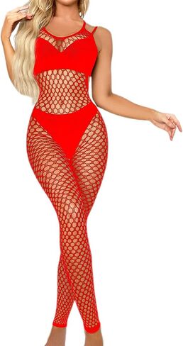 Women's Royal Blue Fishnet Lingerie, Sexy Fishnet Bodystockings, One Piece Mesh Babydoll Bodysuit with Stockings, Jumpsuit Underwear Nightwear in Kuwait