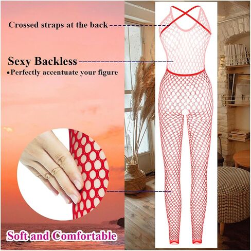 Women's Royal Blue Fishnet Lingerie, Sexy Fishnet Bodystockings, One Piece Mesh Babydoll Bodysuit with Stockings, Jumpsuit Underwear Nightwear in Kuwait