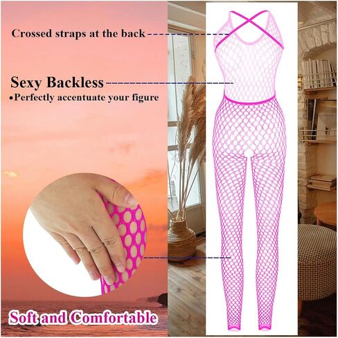 Women's Royal Blue Fishnet Lingerie, Sexy Fishnet Bodystockings, One Piece Mesh Babydoll Bodysuit with Stockings, Jumpsuit Underwear Nightwear in Kuwait