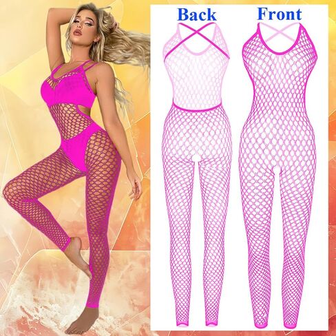 Women's Royal Blue Fishnet Lingerie, Sexy Fishnet Bodystockings, One Piece Mesh Babydoll Bodysuit with Stockings, Jumpsuit Underwear Nightwear in Kuwait