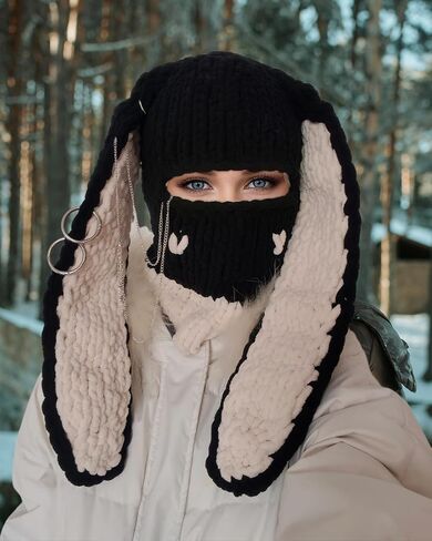 Knitted Mask Crochet Beanie Hat Face Mask, 3D Funny Bunny Bear Cat Ear Hat for Cold Weather or Party in Saudi Arabia