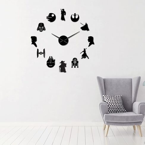 Star Themed 3D Wall Clock - DIY Frameless Clock Kit with 3D Mirror Effect and Stick On Wall Design - Modern Oversized 27" Large Wall Clock - Mute Feature - Gifts for SW Fan in Saudi Arabia