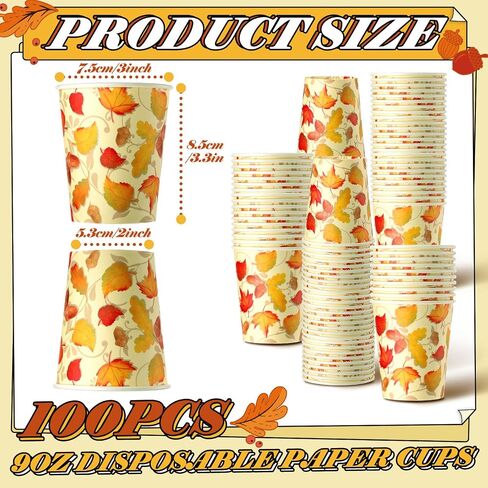 100 Pcs 9 oz Fall Cups Autumn Disposable Cold Paper Cups, Thanksgiving Party Supplies Maple Leaves Paper Cups for Kids Adults Coffee Juice Hot Drink Disposable Cups for Parties Dinner Picnic Wedding in Saudi Arabia