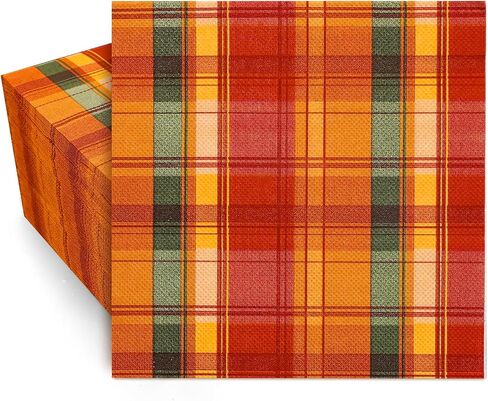 Whaline 80 Pack Fall Paper Napkins 6.5 x 6.5 Inch Buffalo Plaid Prints Paper Napkins Red Orange Green Checkered Disposable Lunch Napkins for Autumn Party Supplies Thanksgiving Evens Table Decoration in Saudi Arabia