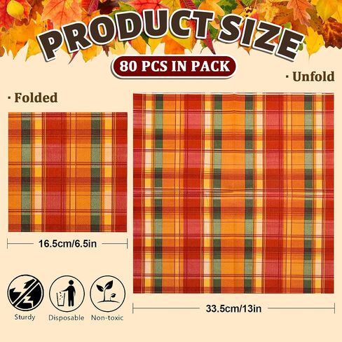 Whaline 80 Pack Fall Paper Napkins 6.5 x 6.5 Inch Buffalo Plaid Prints Paper Napkins Red Orange Green Checkered Disposable Lunch Napkins for Autumn Party Supplies Thanksgiving Evens Table Decoration in Saudi Arabia