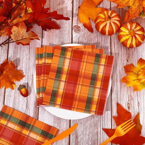 Whaline 80 Pack Fall Paper Napkins 6.5 x 6.5 Inch Buffalo Plaid Prints Paper Napkins Red Orange Green Checkered Disposable Lunch Napkins for Autumn Party Supplies Thanksgiving Evens Table Decoration in Saudi Arabia