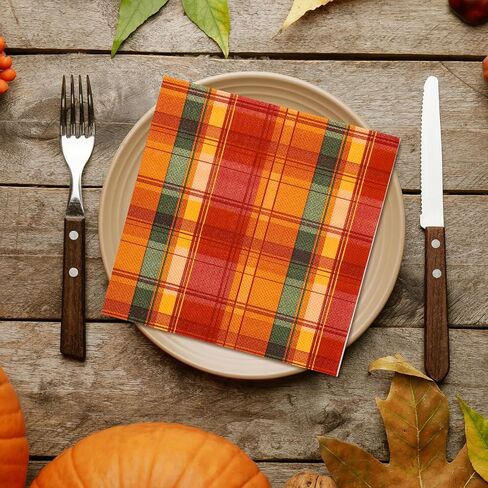 Whaline 80 Pack Fall Paper Napkins 6.5 x 6.5 Inch Buffalo Plaid Prints Paper Napkins Red Orange Green Checkered Disposable Lunch Napkins for Autumn Party Supplies Thanksgiving Evens Table Decoration in Saudi Arabia