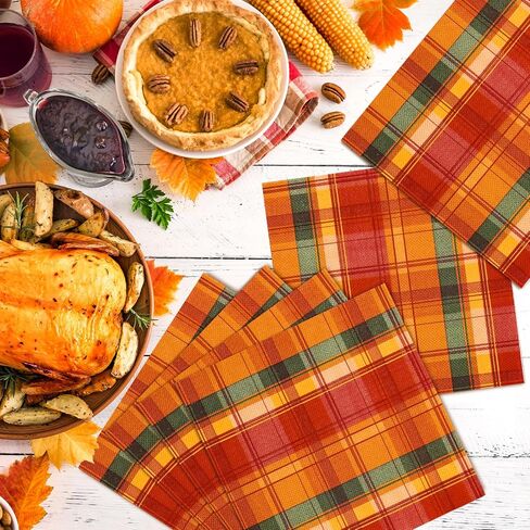 Whaline 80 Pack Fall Paper Napkins 6.5 x 6.5 Inch Buffalo Plaid Prints Paper Napkins Red Orange Green Checkered Disposable Lunch Napkins for Autumn Party Supplies Thanksgiving Evens Table Decoration in Saudi Arabia