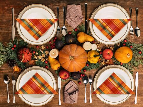Whaline 80 Pack Fall Paper Napkins 6.5 x 6.5 Inch Buffalo Plaid Prints Paper Napkins Red Orange Green Checkered Disposable Lunch Napkins for Autumn Party Supplies Thanksgiving Evens Table Decoration in Saudi Arabia