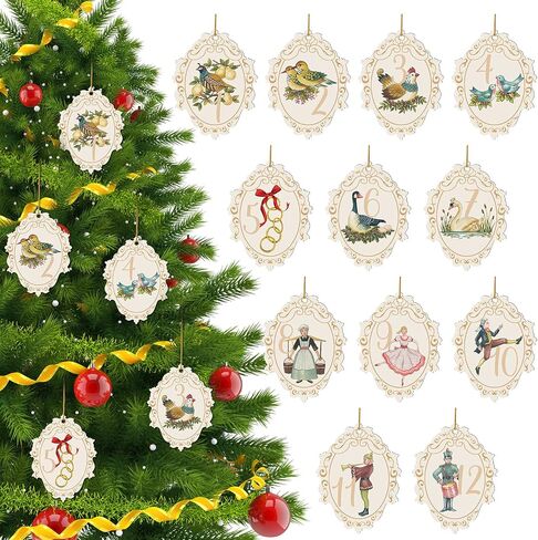 12 Pcs 12 Days of Christmas Ornaments Vintage Wooden Christmas Tree Decorations Rustic Cute Christmas Ornaments Set for Holiday Party Supplies Xmas Tree Wall Decor Gifts in Saudi Arabia