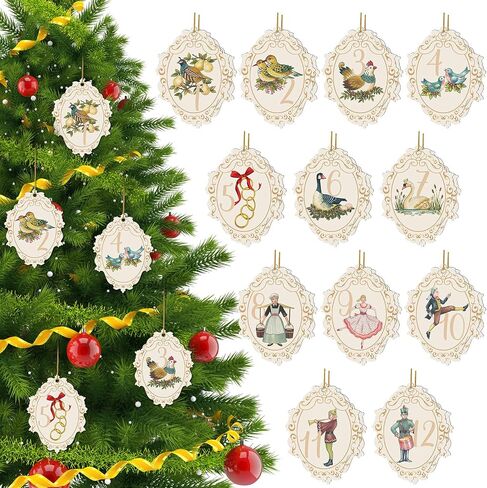 12 Pcs 12 Days of Christmas Ornaments Vintage Wooden Christmas Tree Decorations Rustic Cute Christmas Ornaments Set for Holiday Party Supplies Xmas Tree Wall Decor Gifts in Saudi Arabia