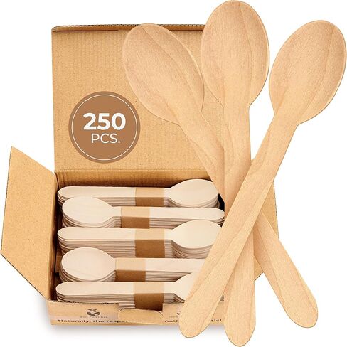 Disposable Wooden Spoons Set of 250 pcs – Biodegradable Utensils, Eco–Friendly & Compostable Disposable Cutlery – Perfect for Parties, Events & Catering - Wooden Spoons Disposable Wooden Cutlery in Saudi Arabia