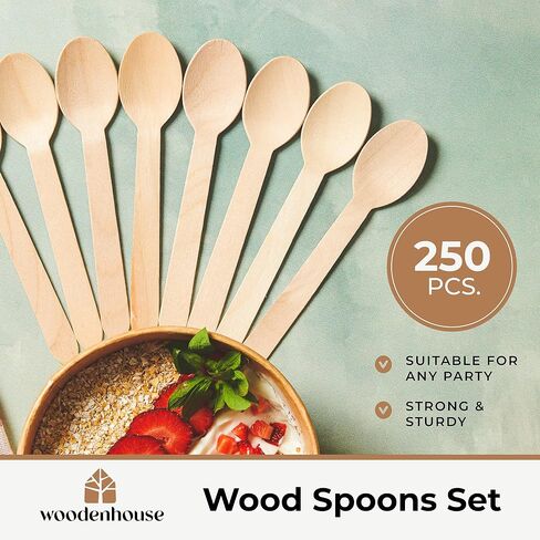 Disposable Wooden Spoons Set of 250 pcs – Biodegradable Utensils, Eco–Friendly & Compostable Disposable Cutlery – Perfect for Parties, Events & Catering - Wooden Spoons Disposable Wooden Cutlery in Saudi Arabia
