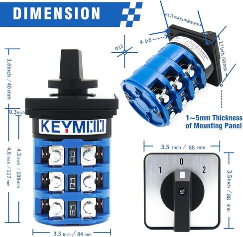 KEYMOO 125A Rotary Changeover Switch, 660V 3 Position 3 Phase 12 Terminals,2- Way 3NO 3NC Universal Selector Switch 125/D303.3 in Saudi Arabia
