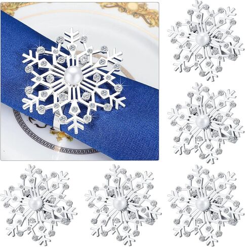 Snowflake Napkin Rings Christmas Napkin Ring Holder Buckle Rhinestone Pearl Napkin Rings Holder Decorative Metal Napkin Ring Alloy Napkin Ring for Christmas Wedding Table Decor (Silver,6 Pieces) in Saudi Arabia