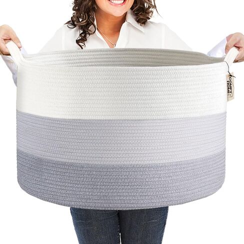 COMFY-HOMI سلة تخزين بطانية كبيرة جدًا جديدة مقاس 21 بوصة × 21 بوصة × 13.6 بوصة|منظمات الألعاب والتخزين|سلة دائرية منسوجة من حبل القطن للبطانية|سلة أطفال لحديثي الولادة-أبيض/وردي in Kuwait