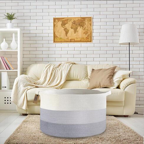 COMFY-HOMI سلة تخزين بطانية كبيرة جدًا جديدة مقاس 21 بوصة × 21 بوصة × 13.6 بوصة|منظمات الألعاب والتخزين|سلة دائرية منسوجة من حبل القطن للبطانية|سلة أطفال لحديثي الولادة-أبيض/وردي in Kuwait