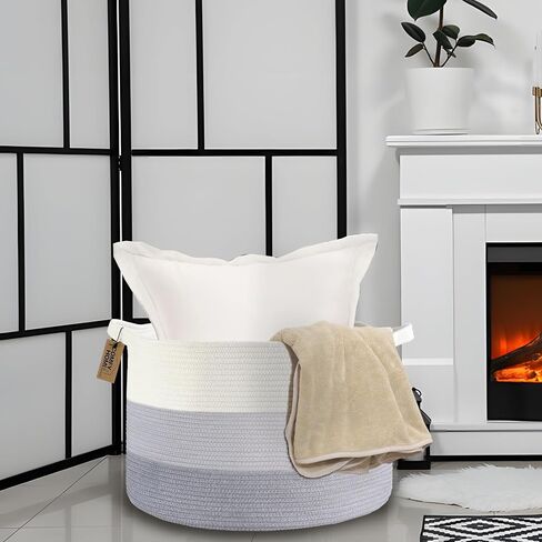COMFY-HOMI سلة تخزين بطانية كبيرة جدًا جديدة مقاس 21 بوصة × 21 بوصة × 13.6 بوصة|منظمات الألعاب والتخزين|سلة دائرية منسوجة من حبل القطن للبطانية|سلة أطفال لحديثي الولادة-أبيض/وردي in Kuwait