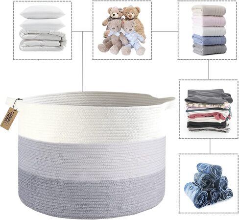 COMFY-HOMI سلة تخزين بطانية كبيرة جدًا جديدة مقاس 21 بوصة × 21 بوصة × 13.6 بوصة|منظمات الألعاب والتخزين|سلة دائرية منسوجة من حبل القطن للبطانية|سلة أطفال لحديثي الولادة-أبيض/وردي in Kuwait