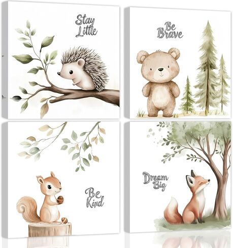 الحضانة جدار الفن حيوانات الغابات البرية جدار ديكور الغزلان الدب الثعلب الألوان المائية صور لوحات يطبع مغامرة موضوع قماش الملصقات للبنين غرفة نوم الفتيات غرفة المعيشة 12x16 بوصة 3 قطع مؤطرة in Kuwait