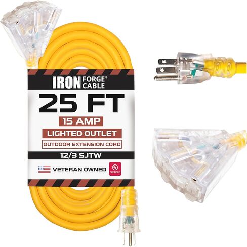 IRON FORGE CABLE 3 أقدام مضاءة في الهواء الطلق سلك تمديد GFCI مع 3 منافذ طاقة كهربائية - 12/3 SJTW كابل تمديد ضفيرة أصفر شديد التحمل مع 3 قابس مؤرض للسلامة، 15 أمبير in Kuwait