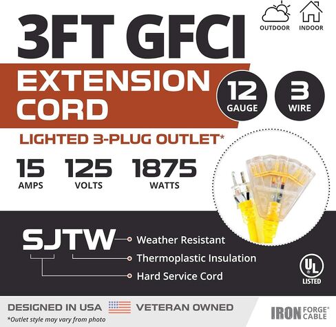 IRON FORGE CABLE 3 أقدام مضاءة في الهواء الطلق سلك تمديد GFCI مع 3 منافذ طاقة كهربائية - 12/3 SJTW كابل تمديد ضفيرة أصفر شديد التحمل مع 3 قابس مؤرض للسلامة، 15 أمبير in Kuwait